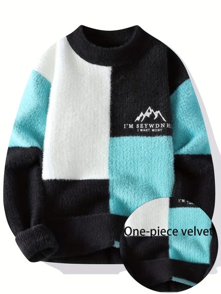 SENMEIGUO Men'S Chunky Knit Sweater, Casual Round Neck, Long Sleeve, Letter Print, Warm Winter Top, Regular Fit, Knitted Fabric, 2024 Fallu002FWinter Collection