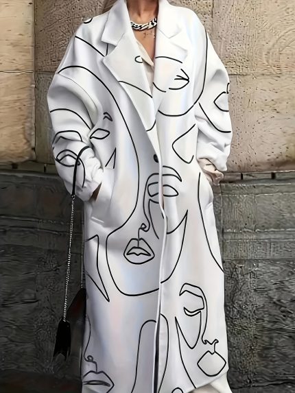 Plus Size Face Sketch Graphic Overcoat, Casual Long Sleeve Lapel Pockets Outwear For Winter, Women's Plus SizeClothing