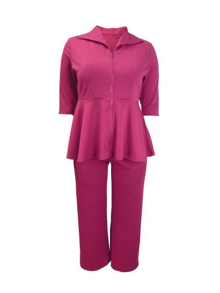 TB6561 Stylish Commuting Long-Sleeve Collared Zip-Up Top with Wide-Leg Pants in Solid Color Set
