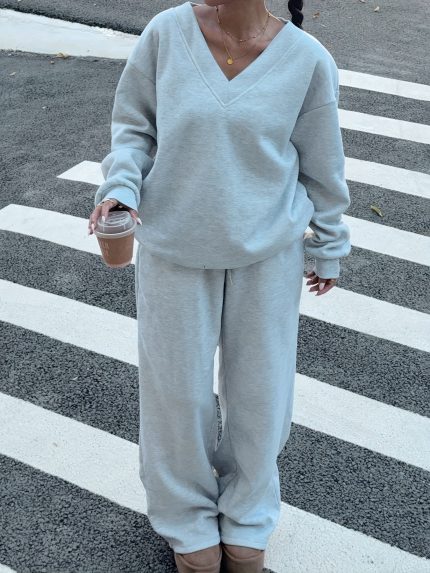 Plus Size, Women's Fashion -Lined Thickened V-Neck Plus Size Two-Piece Set