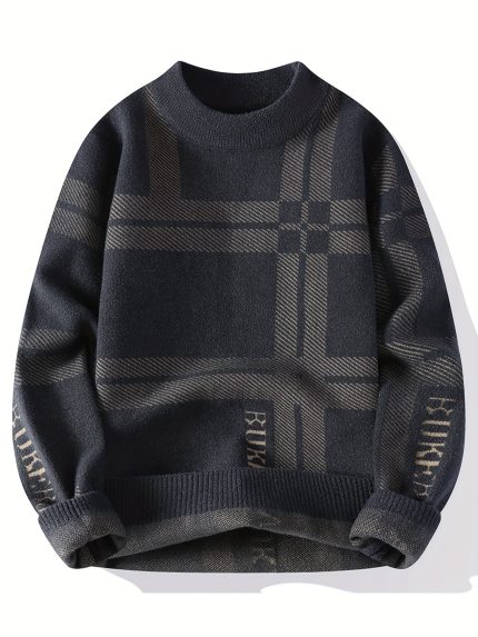 Men'S Cozy Crew Neck Sweater - Beige & Brown Plaid Pattern, Long Sleeve, Casual Fallu002FWinter Knit Pullover, Comfortable Clothing | Plaid Pattern Sweater | Knit Construction, Sweater Vest