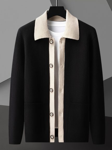 Men's Autumn and Winter Thick Warm Knit Cardigan Coat, Stretchy Light Beige-Friendly Casual Versatile Turn-Down Collar Design Fashion Simple