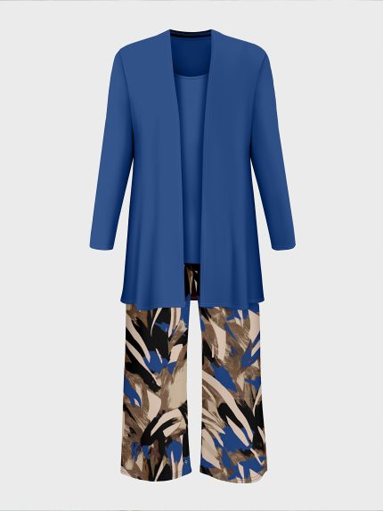 Plus Size - Women'S Plus Size Elegant Simple Solid Color Outerwear and Innerwear with Leaf Plant Pattern Printed Pants Three-Piece Set, High Stretch Fabric, Stylish Outfit|Elegant Outfit|Stretchy Fabric