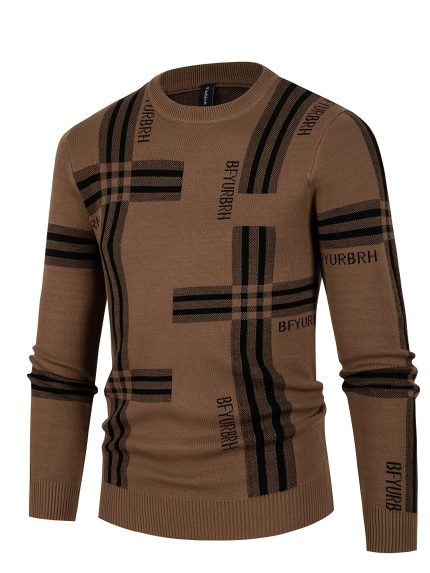 Men'S High-End Knitted Sweater, Alphabet Pattern, Crew Neck, Long Sleeve, Skinny Fit, Slight Stretch, Casual, Knit Fabric, with Warm and Fashionable Design for Fallu002FWinter