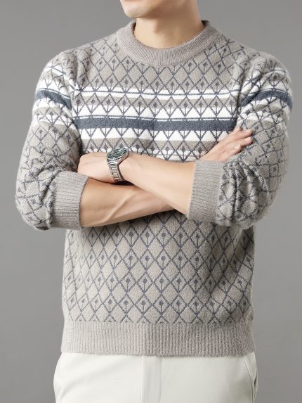 Men'S Thickened Sweater - & Brown Geometric Pattern, Long Sleeve Round Neck Pullover for Fallu002FWinter, Warm Layering Top with Ribbed Cuffs, Casual & Formal Outfits - Everyday Essential Sweater for Men, Winter Clothing, Knit