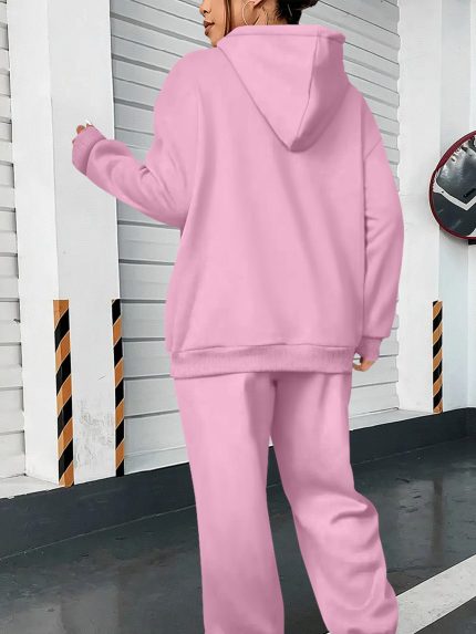 Plus Size - Women'S Plus Size Casual Hoodie & Sweatpants Set - Light Green, Comfortable Stretch Fabric, Drawstring Hoodie with Kangaroo Pocket, Loose Fit Sweatpants, Casual Wear|Relaxed Fit|Stretchy Fabric