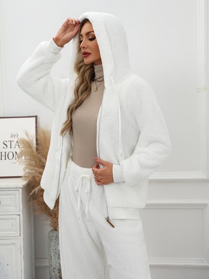 Plus Size - Women'S Cozy Fleece Hooded Sweatshirt & Pants Set - Soft Plush White Winter Outfit with Drawstring Hoodie, Loose Fit Joggers, and Matching Slippers, Perfect for Cold Weather Comfort, Winter Clothing | Cozy Fleece Material | Plush Texture