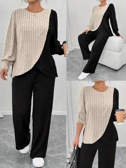 Plus Size - Women'S Casual Striped Round Neck Top & Straight Leg Pants Set - & Color Block, Long Sleeve, Button-Up Front, Regular Fit, Springu002FSummer Fashion