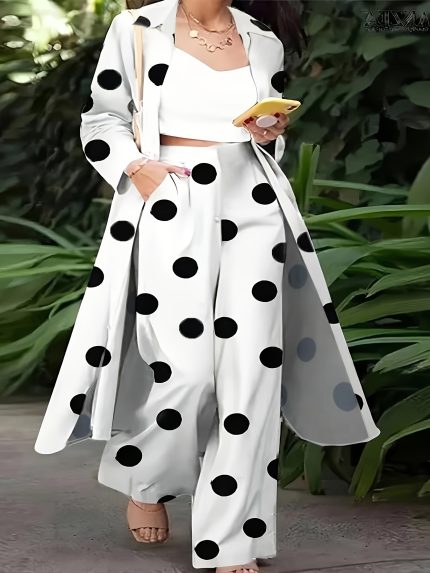 Plus Size Polka Dot Co-ord Set - Elegant Long Sleeve Jacket & Wide-Leg Pants with Pockets, Non-Stretch Fabric, Perfect for Casual or Dressy Occasions