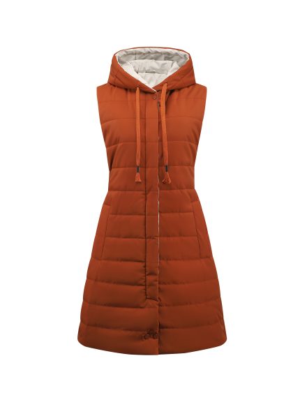 Plus Size, Women's Winter Hooded Vest Jacket - Sleeveless Mid-Length Coat with Mustard-Yellow Color, Zippered Pocket & Hood, Machine Washable Layering Piece for Skiing, Commuting, Outdoor (Casual Outerwear)