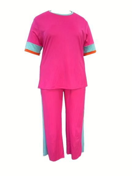 Plus Size - Plus Size - Women'S Plus Size Casual Two-Piece Set - Short Sleeve Top & Wide-Leg Pants with Blue Accents, Stretchy Fabric, Solid Color, Casual Attire|Casual Style|Stretchy Fabric
