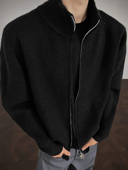 Men'S Heavyweight Sweater - Loose Fit Cardigan with Stand-Up Collar, Soft Knit Sweater for Fallu002FWinter, Everyday & Formal Outfits - Available in Black, Navy, Dark Gray, Light Brown - Easy Care Casual Sweater for Men, Knit Sweater, Winter Layering Piece, Textured Knitwear, Comfortable Wear, Fall Fashion, Relaxed Style, Durable Material, Office Attire, Cardigan For Men, Cardigans For Men, Mens Cardigans, Mens Cardigans For Men, Mens Cardigans With Pockets, Mens Casual Cardigans, Mens